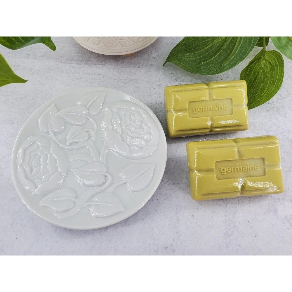 Vintage Germaine Cologne 2 Soap Bars Dish White Trinket Plate Rosepoint Lace Set
